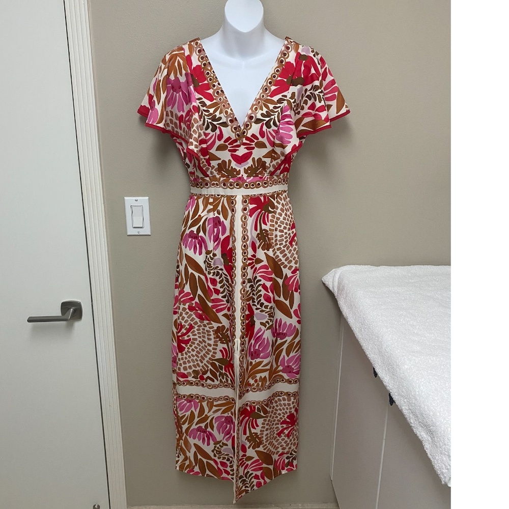 NEW! Taroo NYC Midi Dress Tan Pink & Red Floral Print Short Flutter Sleeve $182
